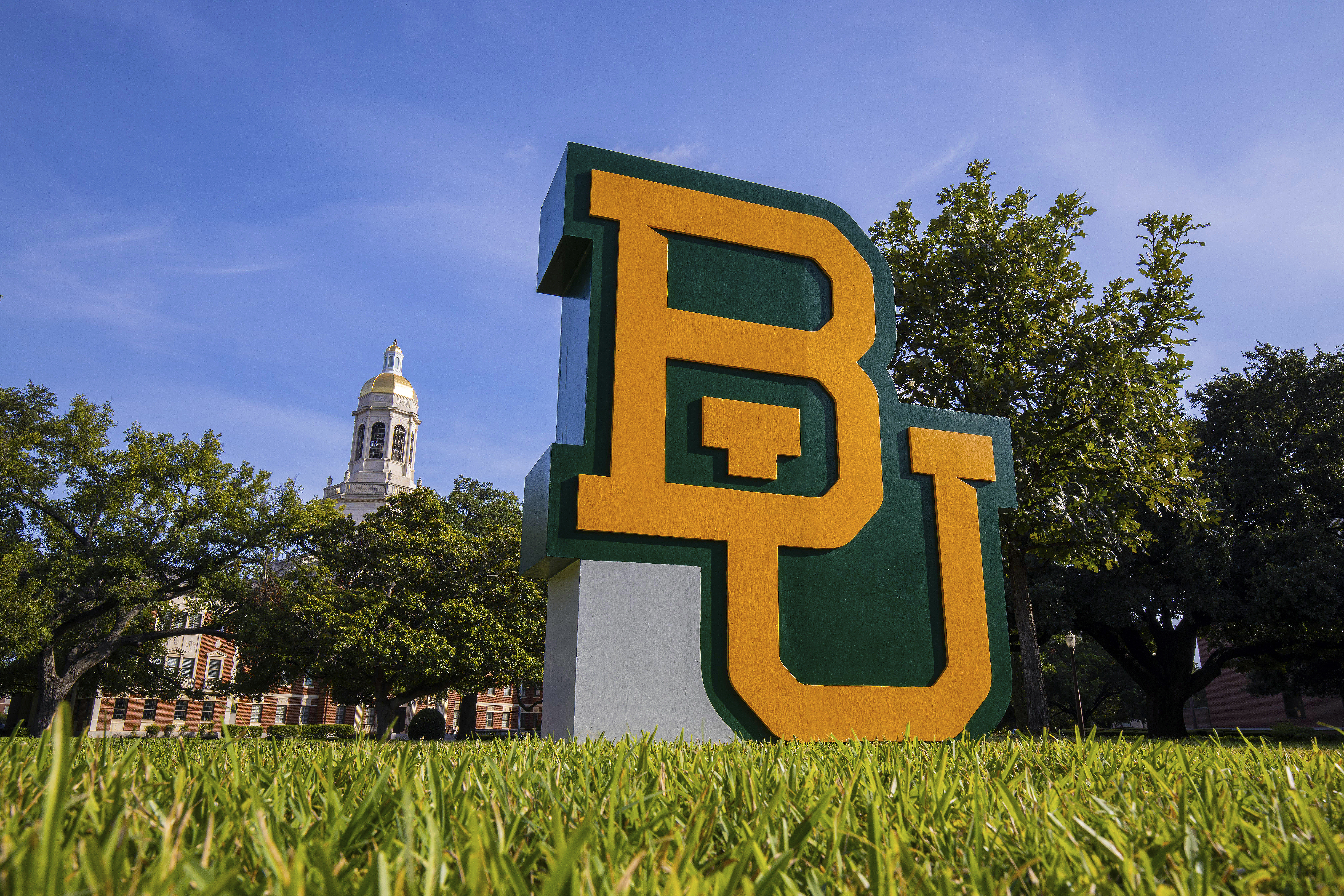 large BU logo in front of Pat Neff