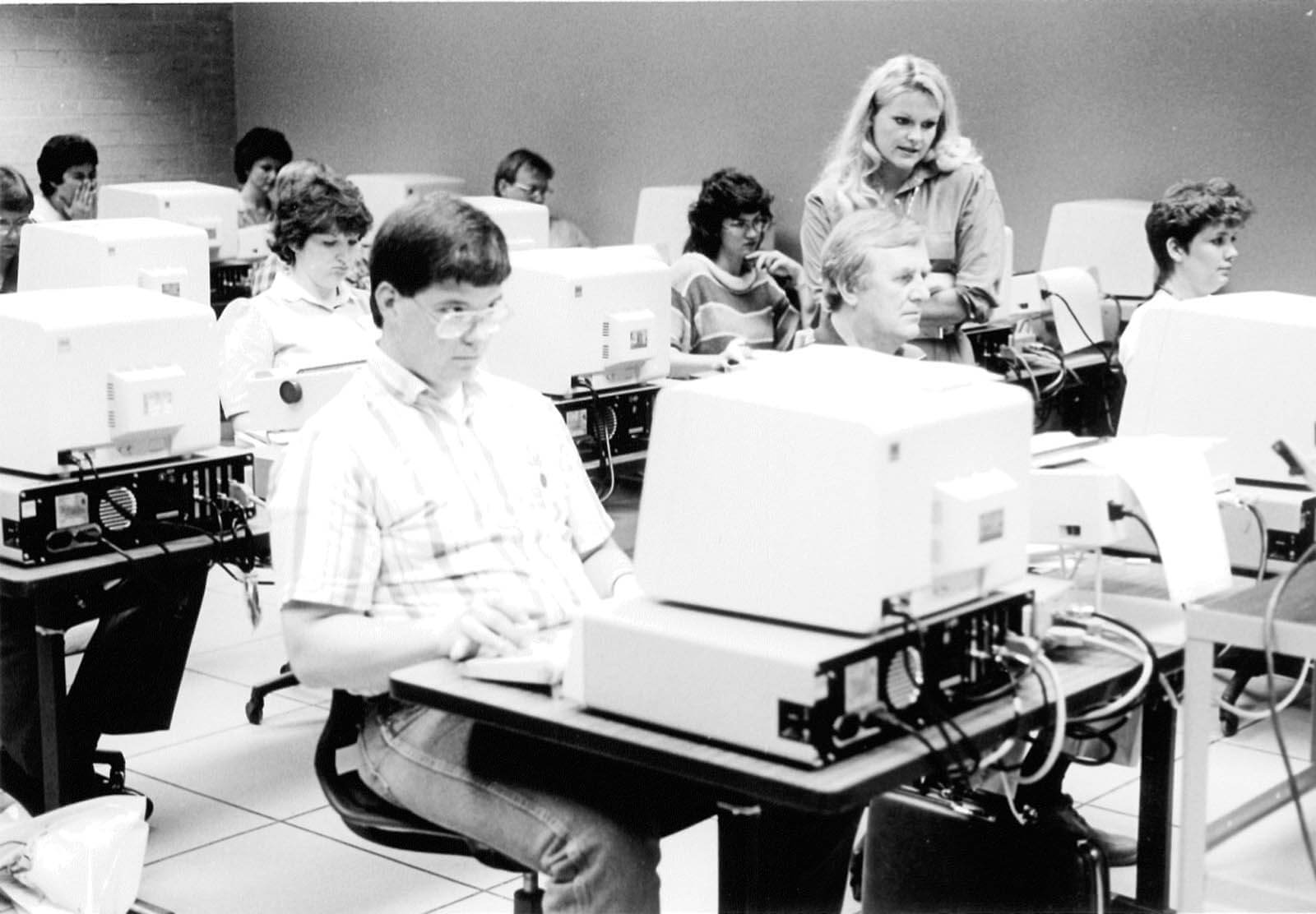 A vintage photo of students in a computer lab