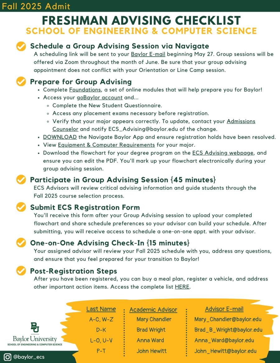 Freshman Advising Checklist - Fall 2025 Admit