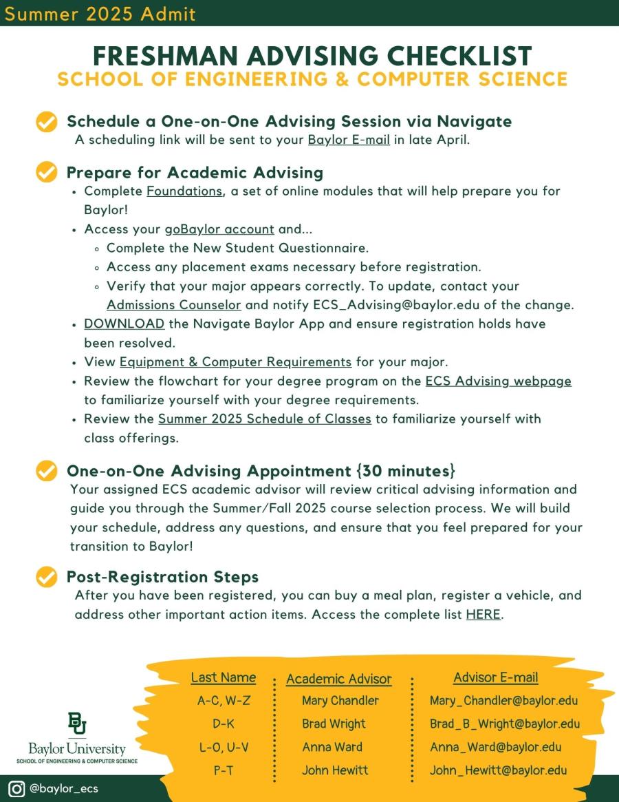 Freshman Advising Checklist - Summer 2025 Admit